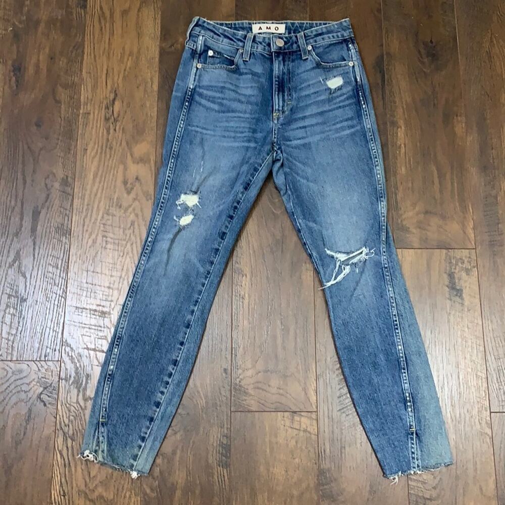 AMO Loverboy High Rise Twist Seamed Raw Hem Ankle Distressed Jeans
